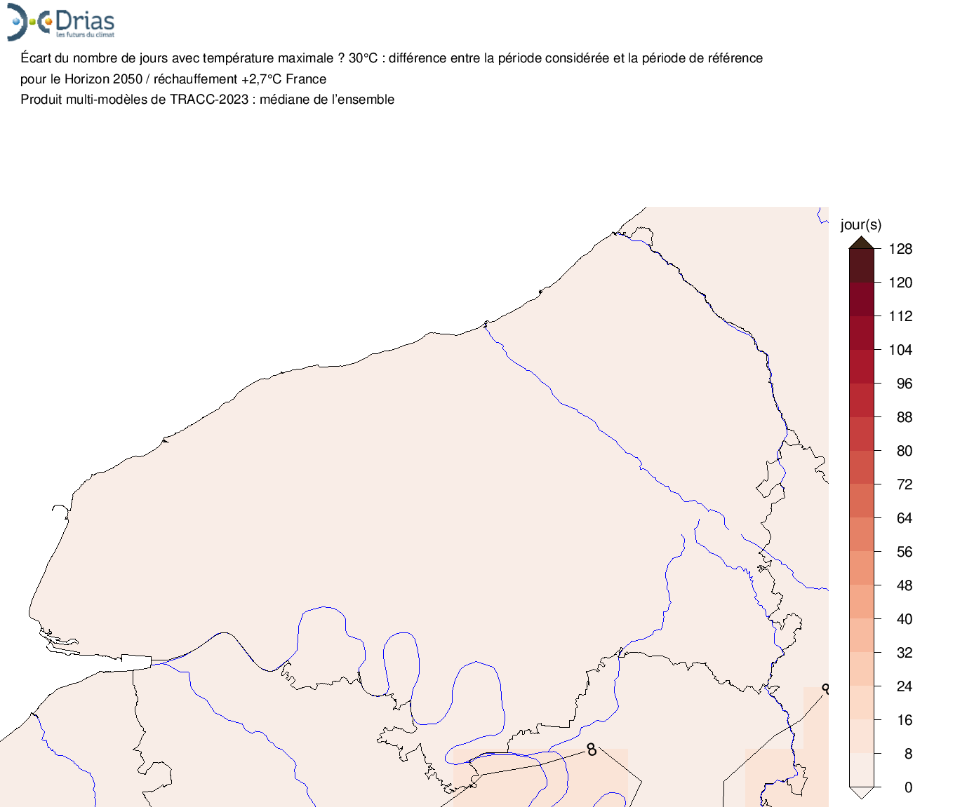 Augmentation de 4 jours de fortes chaleurs (plus de 30°C) en 2050 - TRACC 2023 : +2.7°C